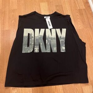 NWT DKNY Women’s Sleeveless Logo Muscle Tee Size L Black Graphic Top